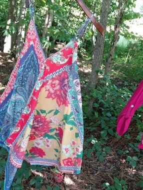 Umgee Coral Red and Teal Floral Print Top